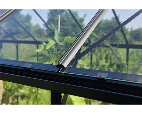 Detailansicht eines Gewächshauses mit Glasplatten und Metallrahmen