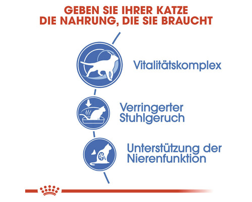 Katzenfutter Eigenschaften: Vitalitätskomplex, verringerter Stuhlgeruch, Unterstützung der Nierenfunktion