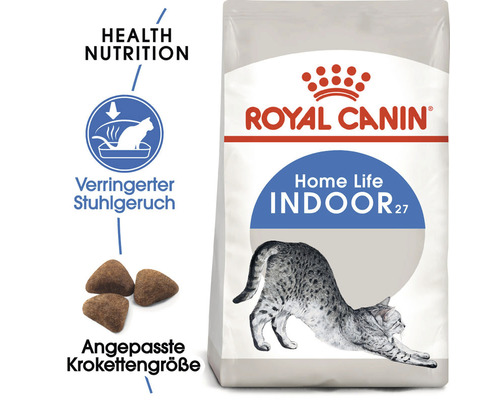 Royal Canin Logo. Packung Royal Canin Indoor 27 Katzenfutter für Hauskatzen mit angepasster Krokettengröße und reduziertem Stuhlgeruch.