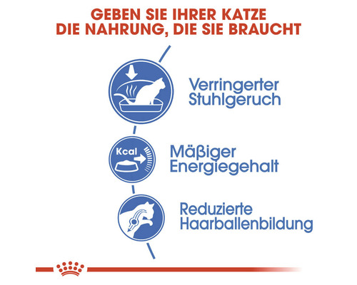 Informationen zu den Vorteilen von Katzenfutter: Reduzierter Stuhlgeruch, mäßiger Energiegehalt, reduzierte Haarballenbildung.