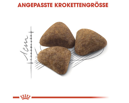 Drei Kroketten mit Größenangabe für Tiernahrung.
