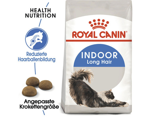 Royal Canin Logo. Trockenfutter für Wohnungskatzen mit langem Fell zur Reduzierung von Haarballenbildung und mit angepasster Krokettengröße.