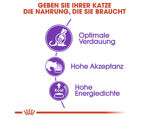 Symbole für optimale Verdauung, hohe Akzeptanz und hohe Energiedichte für Katzennahrung