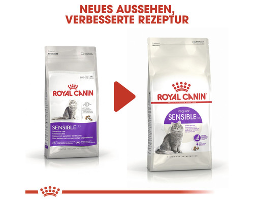 Royal Canin Logo, zwei Packungen Royal Canin Sensible Katzenfutter