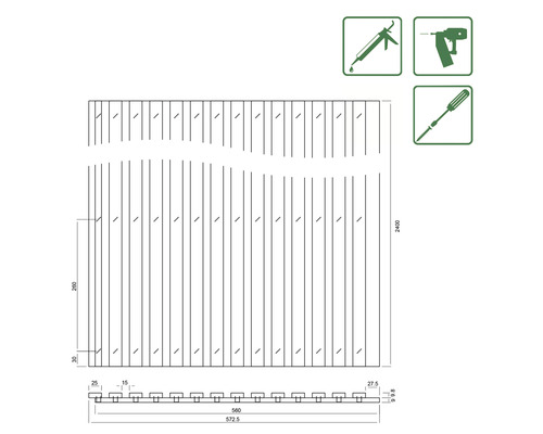 Technische Zeichnung einer Zaunblende mit Maßangaben und Symbolen für Werkzeuge.
