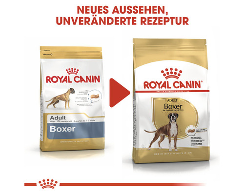 Zwei Verpackungen Royal Canin Adult Boxer Hundetrockenfutter im Vergleich: Neues Aussehen, unveränderte Rezeptur