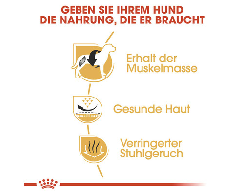 Informationen zur Erhaltung der Muskelmasse, für gesunde Haut und einen verringerten Stuhlgeruch für Hunde