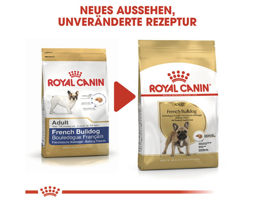 Zwei Packungen Royal Canin French Bulldog Hundetrockenfutter, neue Aufmachung, unveränderte Rezeptur.