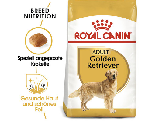 Royal Canin Adult Golden Retriever dog food bag.