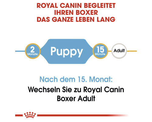 Royal Canin begleitet Ihren Boxer das ganze Leben lang: Vom Welpen zum Adult Hundefutter ab dem 15. Monat.