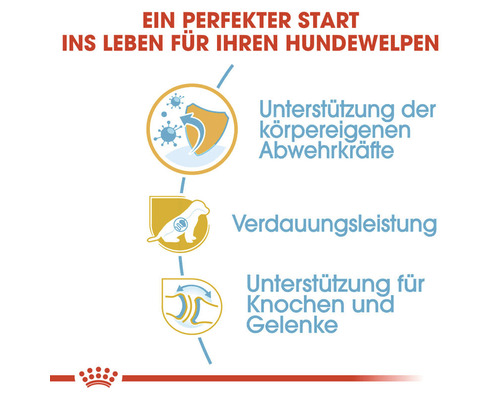 Vorteile des Hundewelpenfutters: Unterstützung der körpereigenen Abwehrkräfte, Verdauungsleistung, Unterstützung für Knochen und Gelenke.