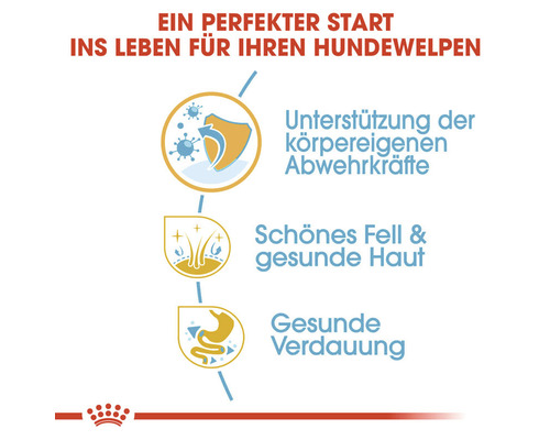 Vorteile von Hundewelpenfutter: Unterstützung der körpereigenen Abwehrkräfte, schönes Fell, gesunde Haut und gesunde Verdauung.