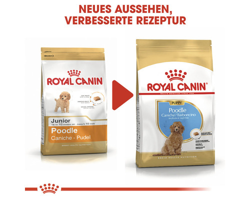 Zwei Royal Canin Hundefutter Verpackungen für Pudelwelpen mit verbesserter Rezeptur.