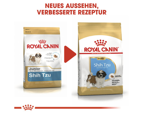 Zwei Packungen Royal Canin Shih Tzu Hundefutter, eine für Welpen bis zehn Monate und eine für ältere Hunde
