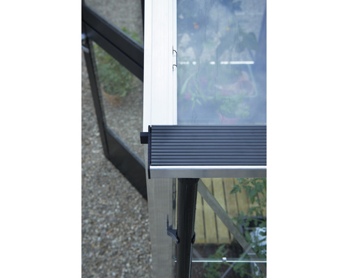 Detailansicht eines Gewächshauses mit Fenster und Rahmen