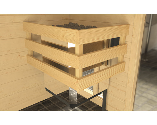 Saunaofen mit Steinen im Holzregal