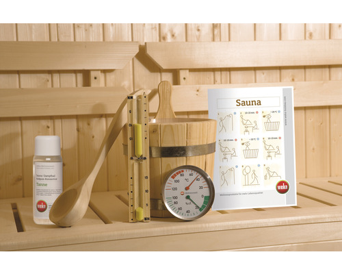 Sauna Zubehör Set mit Kübel, Schöpfkelle, Sanduhr, Thermometer, Hygrometer und Aufgussmittel