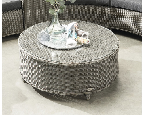 Runder Gartentisch mit Glasplatte und Rattanoptik