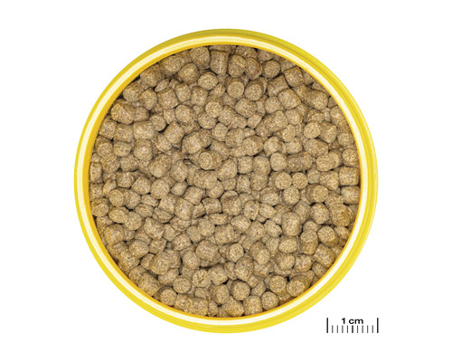Fischnahrung Pellets in gelbem Behälter