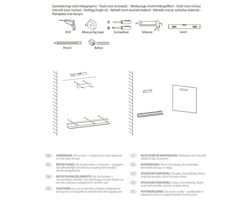 Anleitung für die Wandmontage von Möbeln, inklusive Bohrmaschine, Maßband, Schraubendreher, Silikon, Wasserwaage, Bleistift und Schraubenschlüssel