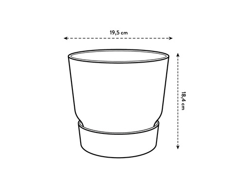 Illustration eines Pflanztopfs mit den Maßen 19,5 cm Breite und 18,4 cm Höhe