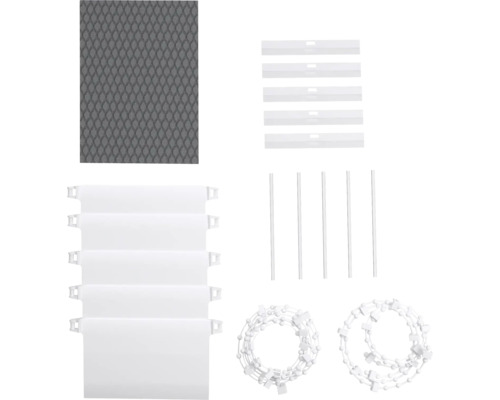 Komponenten für eine Lamellenstore, inklusive Lamellen, Beschwerungsplatten, Verbindungskette und Zubehör.