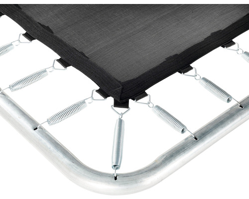 Detailaufnahme einer Trampolinmatte mit Federn und Rahmen.