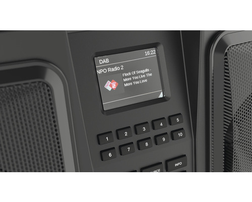 Nahaufnahme eines Digitalradios mit Display und Tastenfeld
