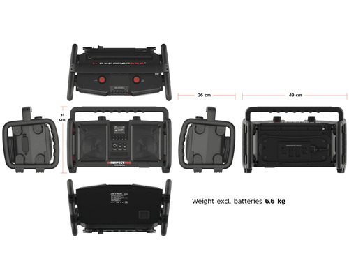 Perfectpro Rockbull Baustellenradio mit den Maßen 31 x 26 x 49 cm und einem Gewicht von 6,6 kg ohne Batterien.