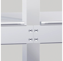 Detailaufnahme einer Kreuzverbindung aus Metallprofilen mit Verschraubung.