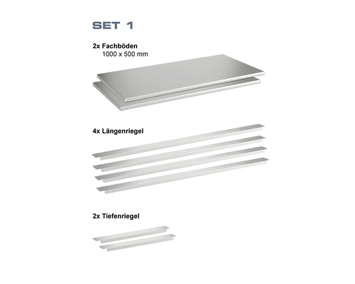 Regalboden Set 1 mit zwei Fachböden, vier Längenriegel und zwei Tiefenriegel