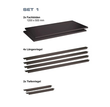 Set 1 mit zwei Fachböden 1200x500 Millimeter, vier Längenriegel und zwei Tiefenriegel