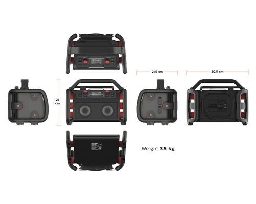 Mehrere Ansichten der tragbaren Baustellenradio- und Soundsystembox mit Abmessungen und Gewicht