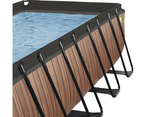 Detailansicht eines rechteckigen Frame Pools mit Holzoptik