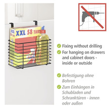 Einhängekorb mit Geschirrspültabs und Spülmittel zum Einhängen an Schubladen und Schranktüren ohne Bohren.