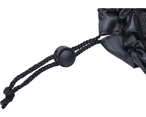 Kordelstopper aus Kunststoff an einer schwarzen Stofftasche