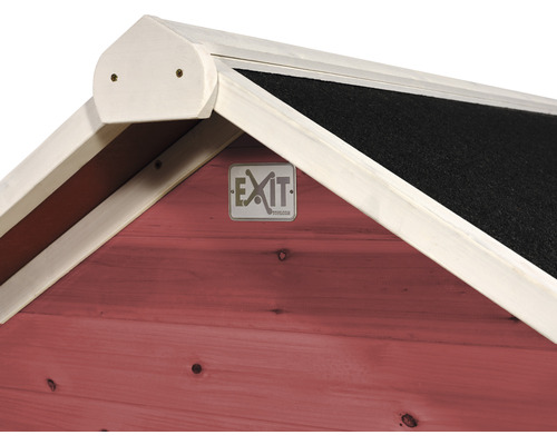 Detailansicht eines Gartenhauses mit EXIT Logo