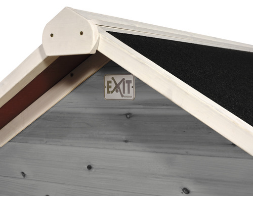 Detailansicht eines Spielhauses mit EXIT Toys Logo.
