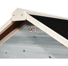 Detailansicht eines Spielhauses mit Holzwänden und EXIT Toys Logo.