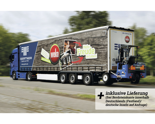 LKW mit WEKA Werbung und Gärtner Logo für kostenlose Lieferung