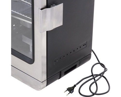 Detailansicht eines Räucherofens mit Tür, Griff und Stromkabel