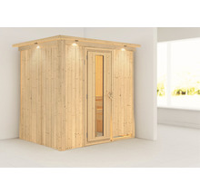 Energiespar-Elementsauna Karibu Benina ohne Ofen mit Dachkranz und Holztüre und Isolierglas wärmegedämmt