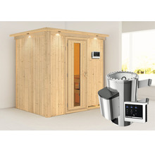 Energiespar-Elementsauna Karibu Benina inkl.3,6 kW Ofen u.ext.Steuerung mit Dachkranz mit Holztüre und Isolierglas wärmegedämmt