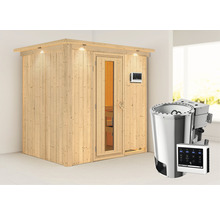 Energiespar-Elementsauna Karibu Benina inkl.3,6 kW Bio Ofen u.ext.Steuerung mit Dachkranz mit Holztüre und Isolierglas wärmegedämmt