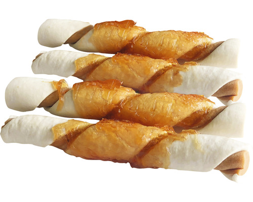 Vier Hundekauartikel mit Rinderhaut und Fleisch