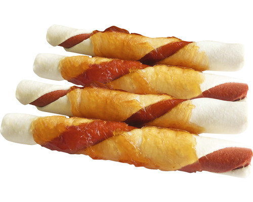 Vier Hundekauartikel mit Fleisch und Haut