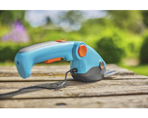 Akkuschere für Gartenarbeiten auf einem Holztisch