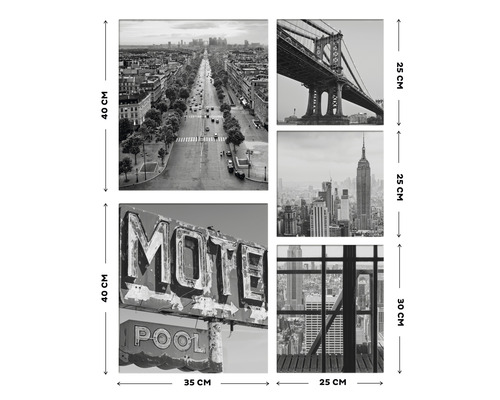 Dekoration mit New York Motiven, bestehend aus fünf Teilen, mit Größenangaben