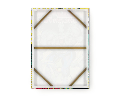 Rückseite einer bedruckten Leinwand mit Holzrahmen.