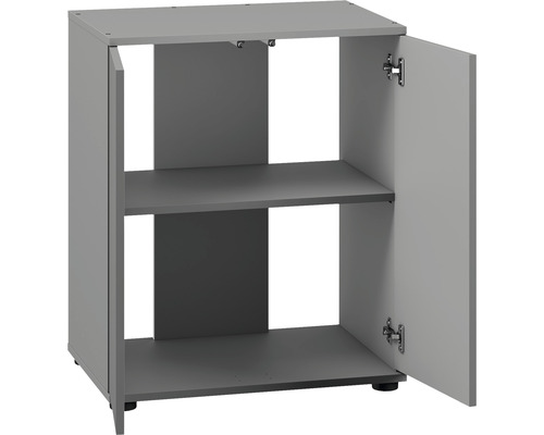 Grauer Unterschrank mit zwei Regalböden und einer offenen Tür
